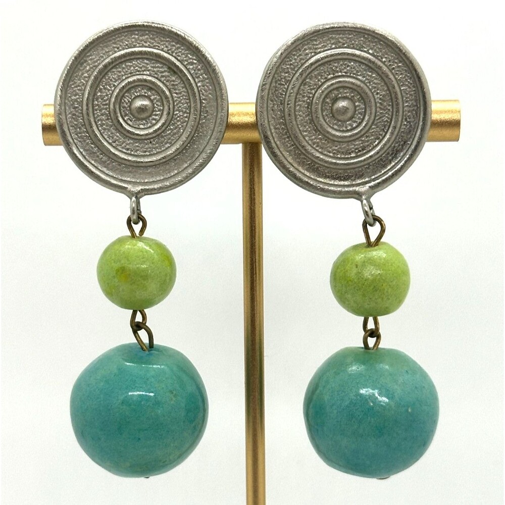 Vintage 1980s Statement Drop Earrings Marcy Feld Bold Blue Green Silver Tone